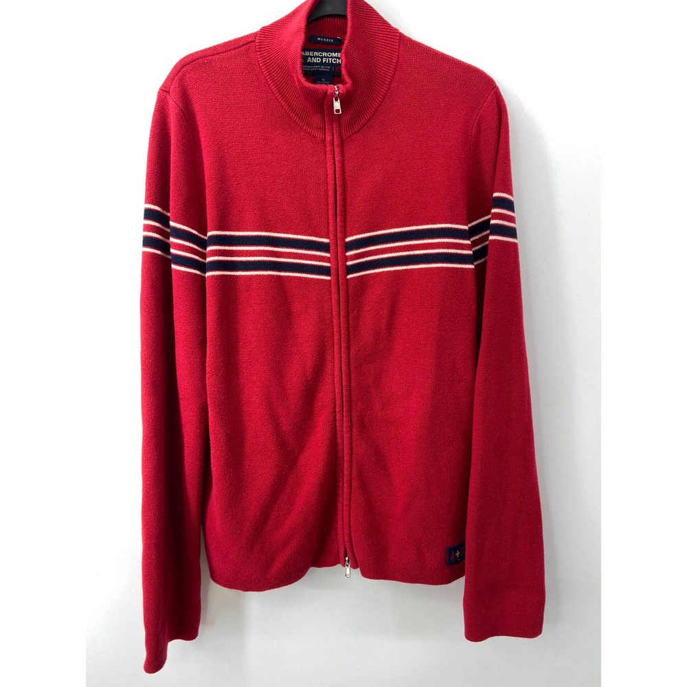 Abercrombie & Fitch Muscle Sweater Mens XL Red Zip Cardigan Racing Stripe Y2K